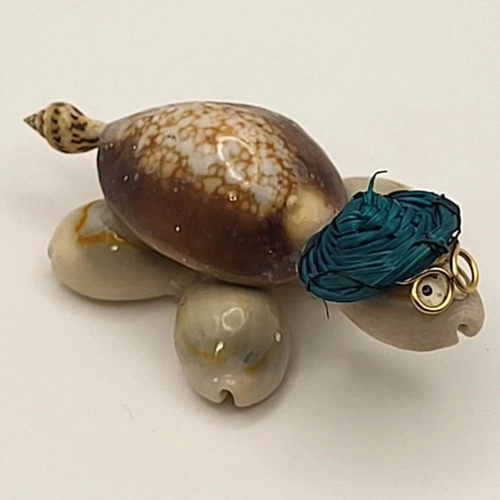 Handcrafted Shell Googly Eye Turtle Figurine Blue Hat Gold Glasses Miniature